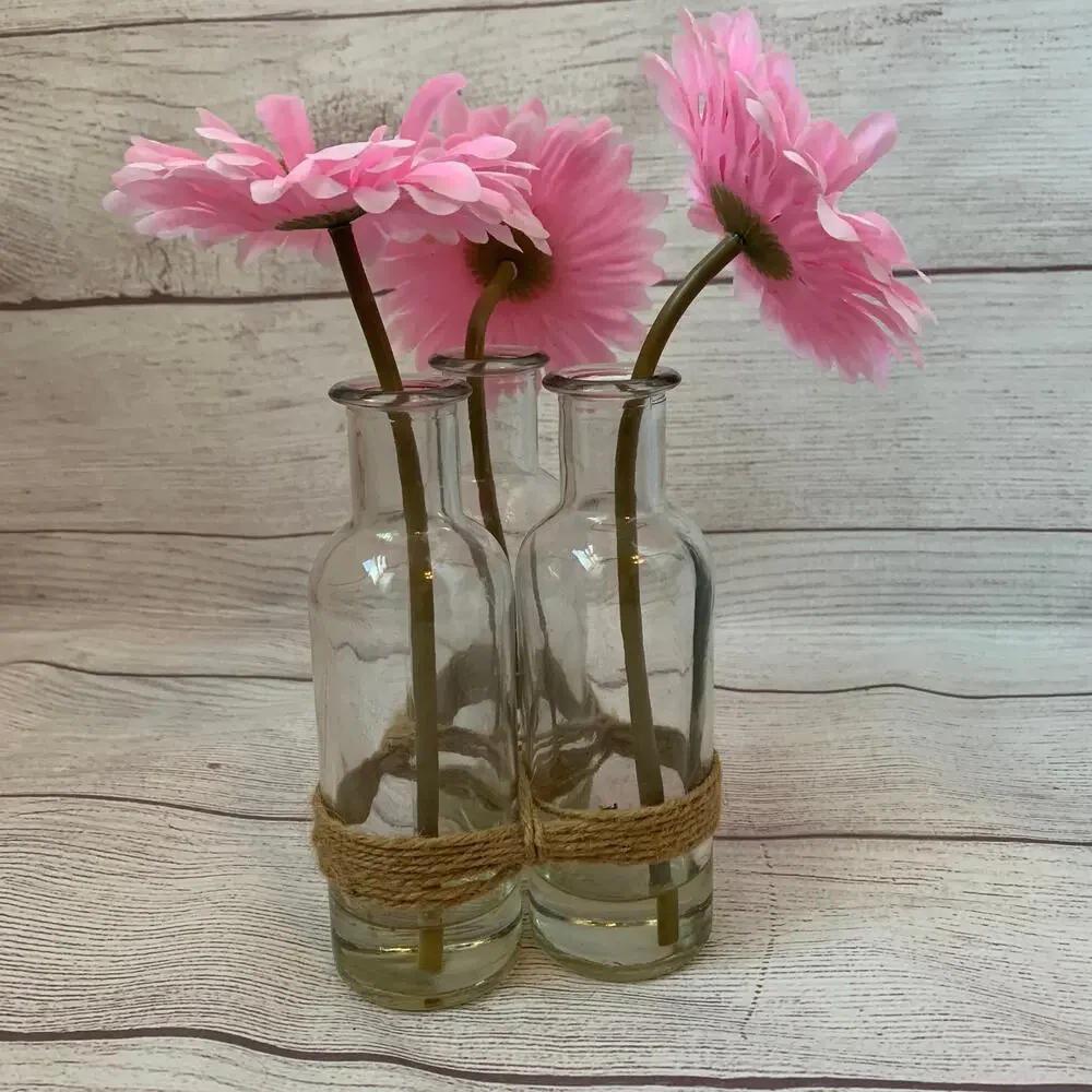 Artificial Pink Gerbera Daisies in Bottles and Twine String Faux Glued Water 9